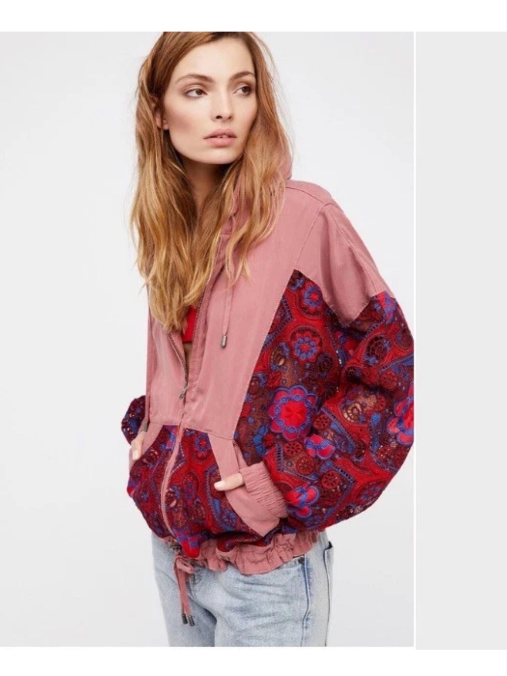 Free People Women’s XS Magpie Pink Red Eyelet Oversized Jacket RARE